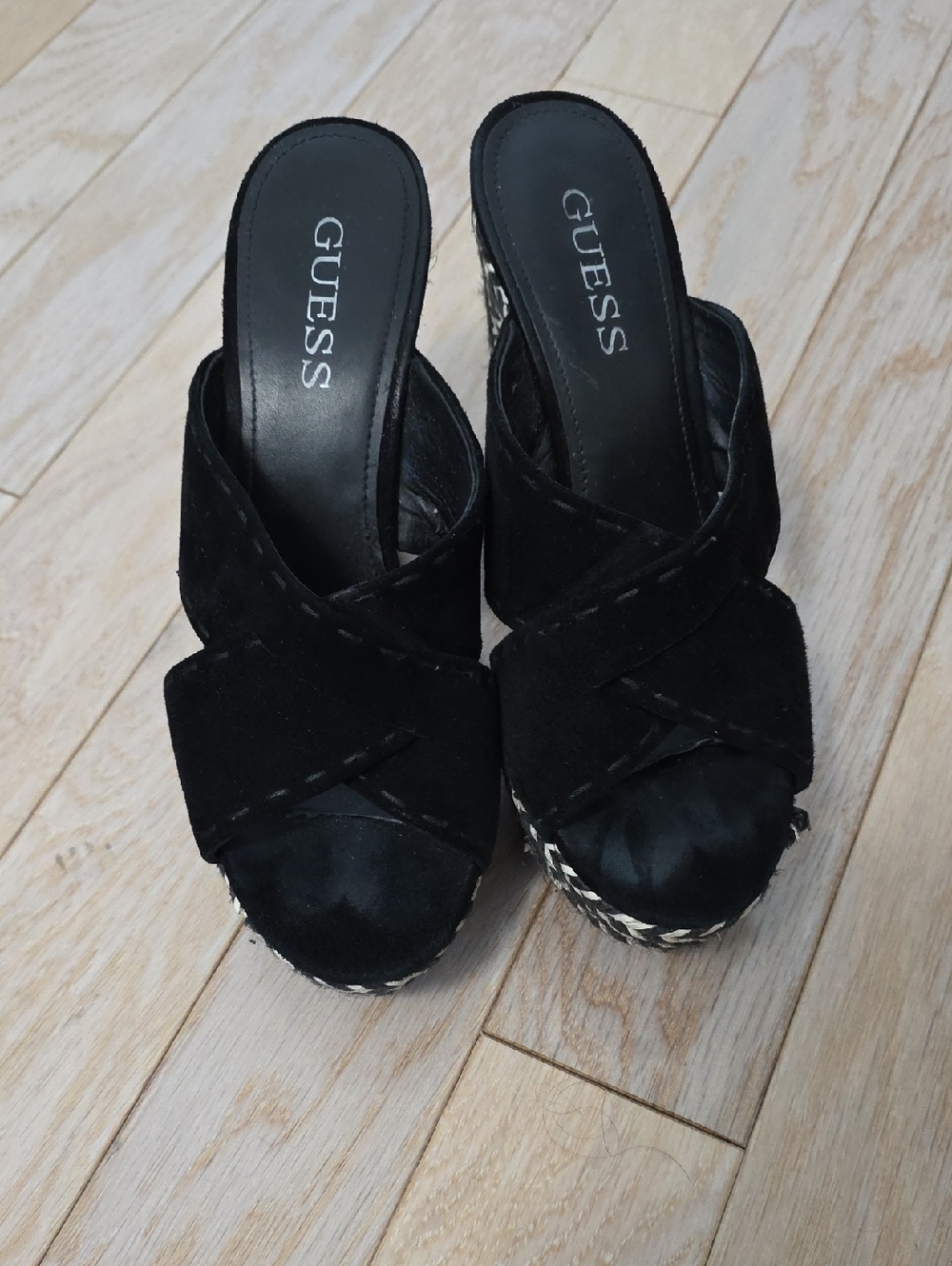 GUESS Black Suede Crisscross Wedge Mules